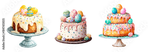 Watercolor Easter cake set with colorful sprinkles and glaze. Hand-drawn spring dessert illustrations featuring decorated eggs, panettone, and festive pastries.