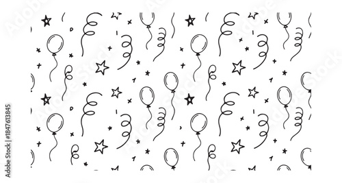 A simple seamless pattern featuring hand drawn balloons, curly streamers, and tiny stars on a white background