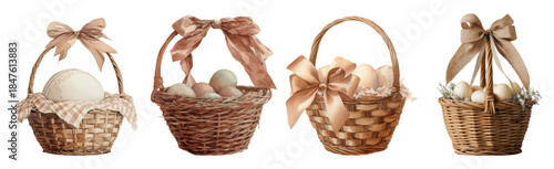 Watercolor Easter basket filled with pastel eggs. Realistic vintage illustration perfect for greeting cards, holiday posters, or festive basket decoration designs.