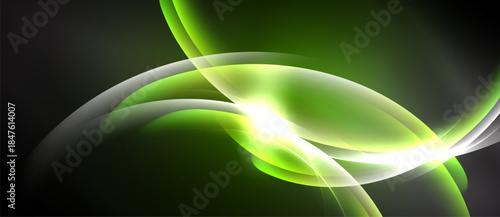 Abstract design features flowing green, white shapes. Bright center draws eye, dark background provides contrast. Smooth curves create dynamic composition.