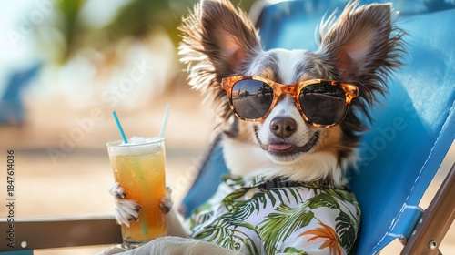 Dog relaxing on beach chair wearing sunglasses and enjoying a drink under the sun