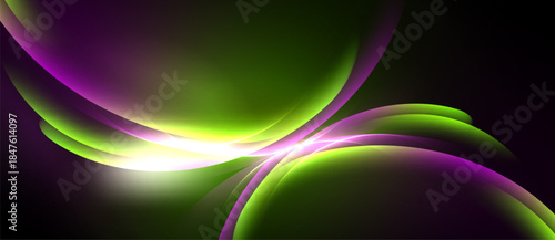 Abstract design features vibrant curves, purple, green hues. Light radiates from central point, creating dynamic visual effect. Smooth gradients dominate composition.
