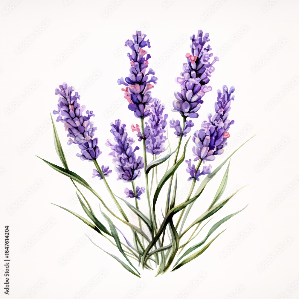Fototapeta premium Watercolor painting of a lavender bouquet with delicate purple flowers and green leaves