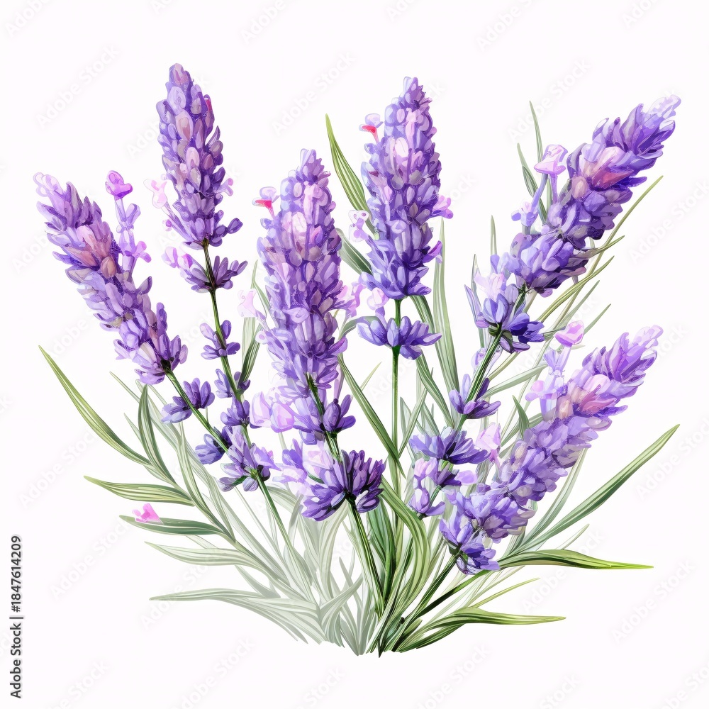 Fototapeta premium Elegant watercolor illustration of lavender flowers and variegated leaves isolated on white
