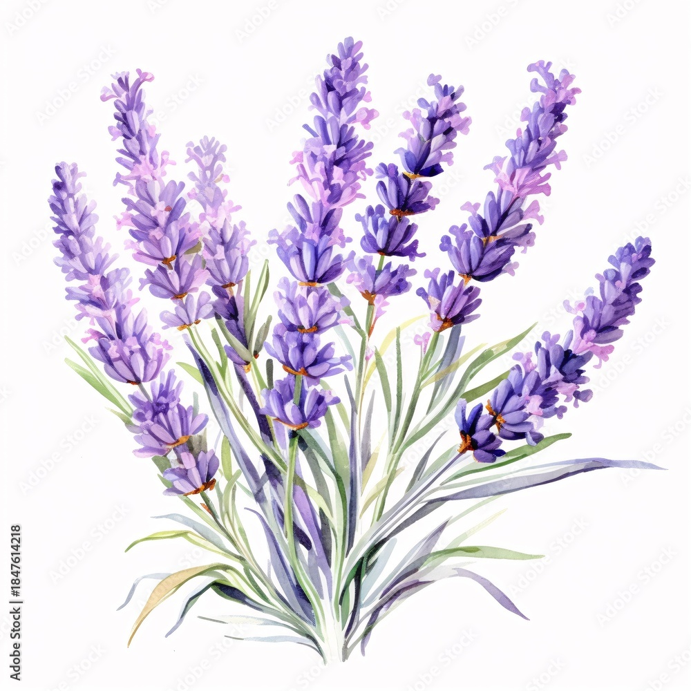 Fototapeta premium Watercolor painting featuring a bouquet of vibrant purple lavender flowers