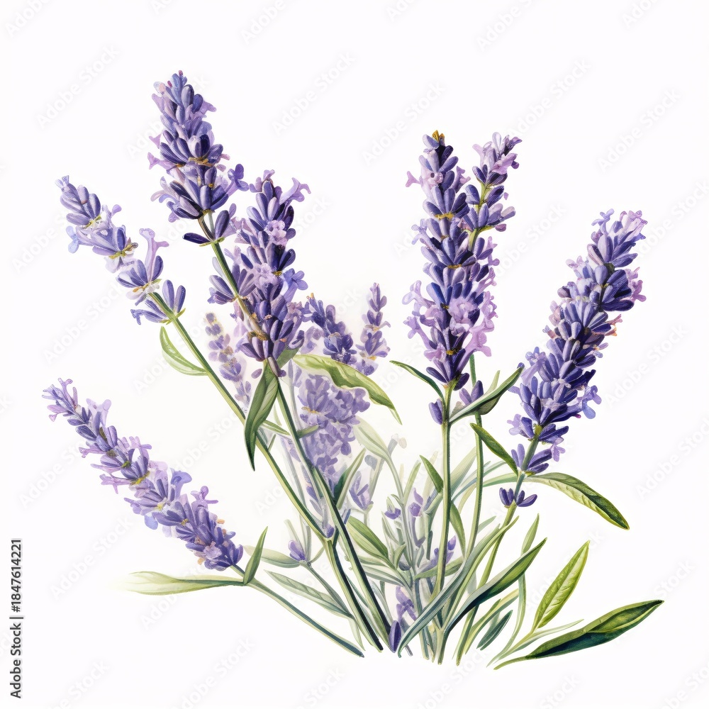 Obraz premium Watercolor painting depicting an isolated bunch of vibrant lavender flowers with green stems and leaves