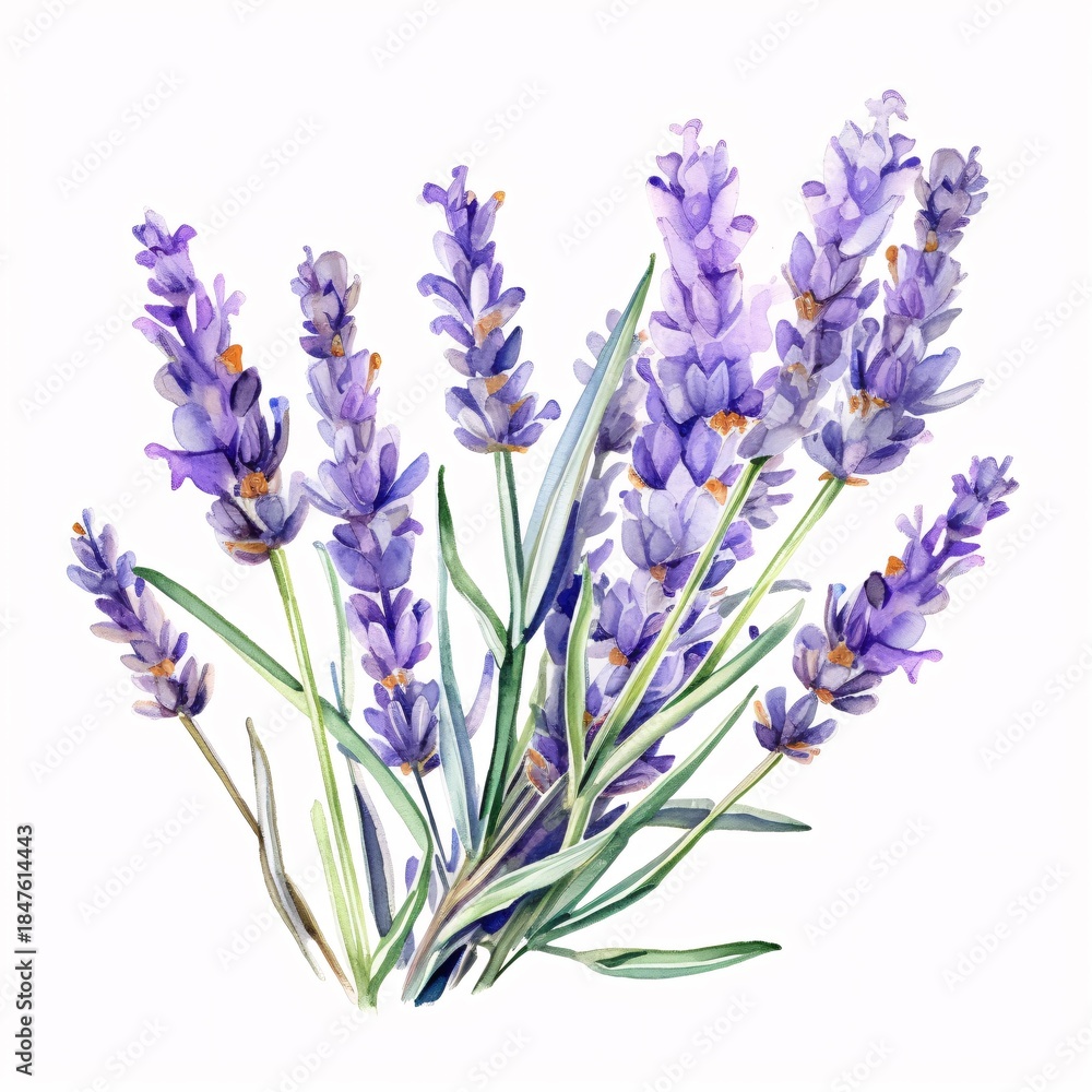Fototapeta premium Watercolor illustration of fresh lavender flowers bouquet on a white background