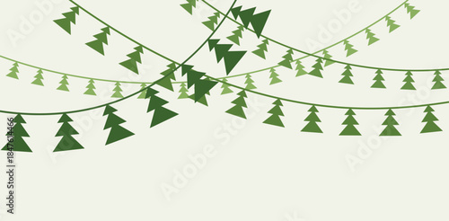 Christmas garland, festive ornament. Handmade cutout paper decoration, pendant fir trees hanging on string, horizontal banner background. DIY decor, Xmas holiday adornment. Flat vector illustration