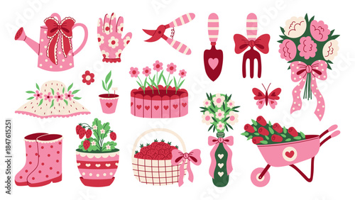 Coquette Garden Pink Elements Set. Cute hand drawn Gardening Tools tied with bows flowers and berries. Romantic Girly aesthetic. Vector illustration collection.