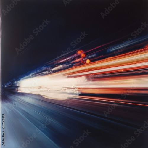 The concept of light in warped space. A blurred illustration of high-speed movement, a rapid flow in flashes of light.