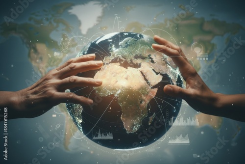 Hands are reaching towards a brightly lit globe, symbolizing global unity and technological advancements. The background features a world map with digital elements