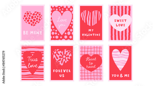 Romantic Quote Posters Set. Trendy Playful Minimal 2:3 ratio artwork collection. Hand drawn Heart shape texture and Inspirational Love Phrase. Vector illustration