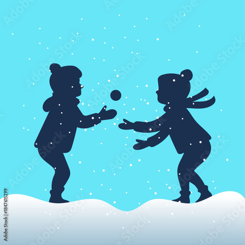 Two children playing snowballs in the snow flat vector illustration dark blue color