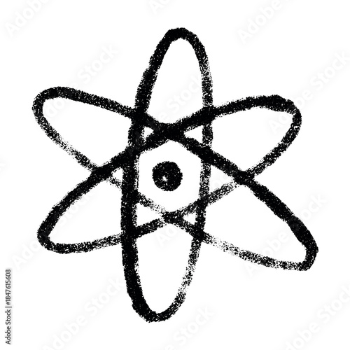 Hand drawn atom sign Molecule clipart in doodle style Single element for print, web, design, decor Symbol of science, education, nuclear energy, scientific research, molecular chemistry