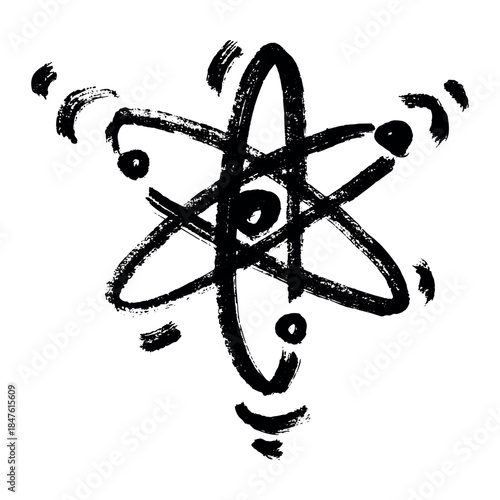 Hand drawn atom sign Molecule clipart in doodle style Single element for print, web, design, decor Symbol of science, education, nuclear energy, scientific research, molecular chemistry
