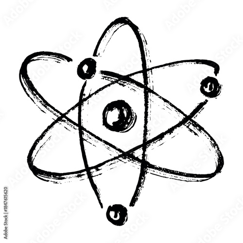 Hand drawn atom sign Molecule clipart in doodle style Single element for print, web, design, decor Symbol of science, education, nuclear energy, scientific research, molecular chemistry