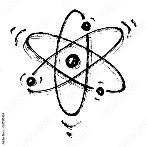 Hand drawn atom sign Molecule clipart in doodle style Single element for print, web, design, decor Symbol of science, education, nuclear energy, scientific research, molecular chemistry