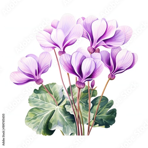 Elegant cyclamen persicum illustration on white background
