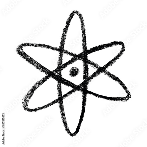 Hand drawn atom sign Molecule clipart in doodle style Single element for print, web, design, decor Symbol of science, education, nuclear energy, scientific research, molecular chemistry