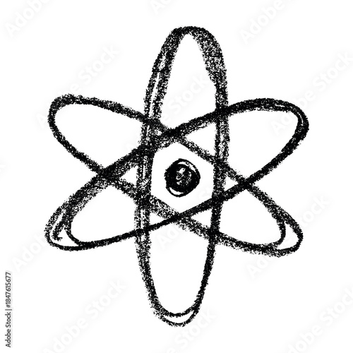 Hand drawn atom sign Molecule clipart in doodle style Single element for print, web, design, decor Symbol of science, education, nuclear energy, scientific research, molecular chemistry