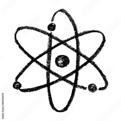 Hand drawn atom sign Molecule clipart in doodle style Single element for print, web, design, decor Symbol of science, education, nuclear energy, scientific research, molecular chemistry