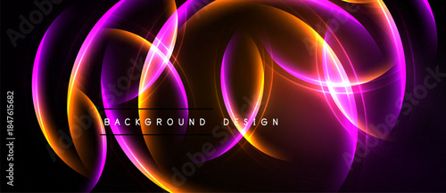 Abstract neon lines create dynamic circular shapes. Vivid orange, purple hues contrast against black background. Modern design element.