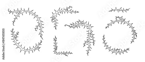 Thorn vine frames and borders vector set. Black twisted thorn branches, barbed stems, creepy patterns. Isolated design elements for tattoos, gothic art, religious symbols.