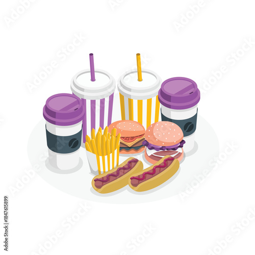 Fast food illustration set with burgers, fries, hot dogs and coffee cups, flat vector design