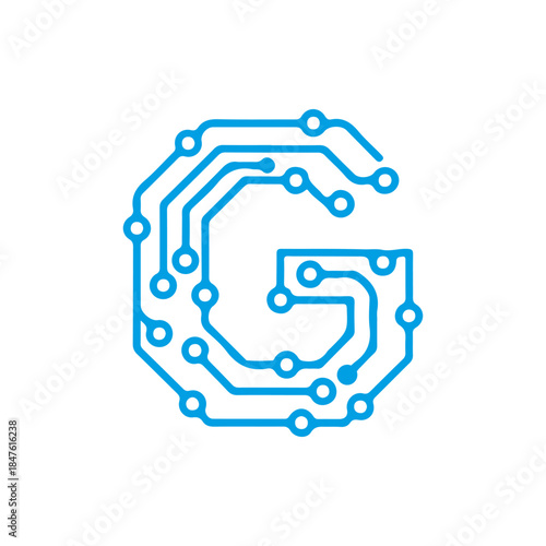 A vector icon featuring the letter 'G' in a blue electronic circuit board pattern, symbolizing global networks, gaming technology, and futuristic graphics. Includes PNG, JPG, and editable EPS formats.