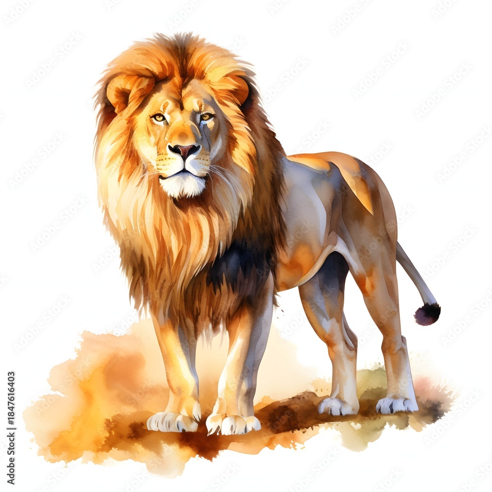 Obraz premium Majestic lion standing proudly with golden mane watercolor painting