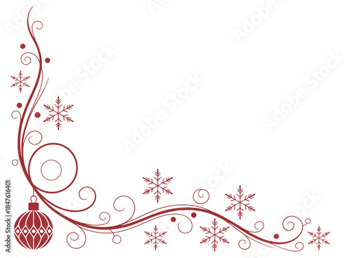 Red christmas ornament with snowflakes and swirls on white background