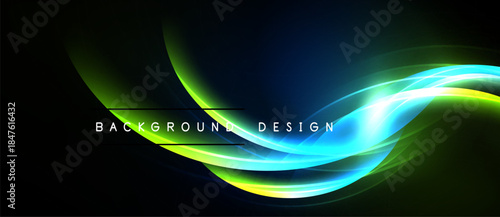 Abstract waves, vibrant colors, dynamic flow. Modern design elements create striking visual impact. Dark background enhances luminosity.