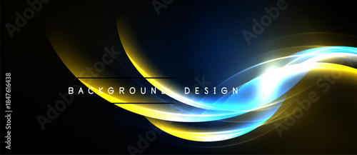 Abstract design features flowing yellow, blue light waves. Dark background enhances vibrant curves, creating dynamic visual effect.