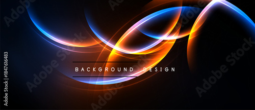 Abstract glowing lines create dynamic energy. Orange, blue, pink hues blend against dark backdrop. Modern design element.