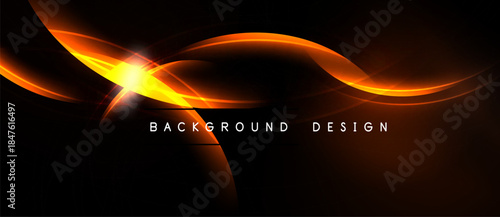 Abstract orange lines over black background. Bright light flare creates dynamic visual effect. Text reads background design.