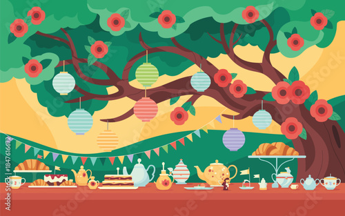 A vibrant outdoor celebration under a decorated tree with festive ornaments and tea party setup