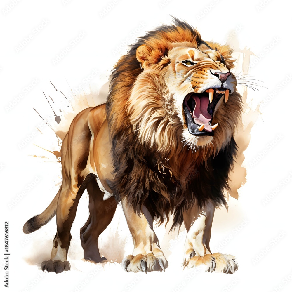 Obraz premium Watercolor painting of a majestic lion roaring with a powerful stance and detailed mane
