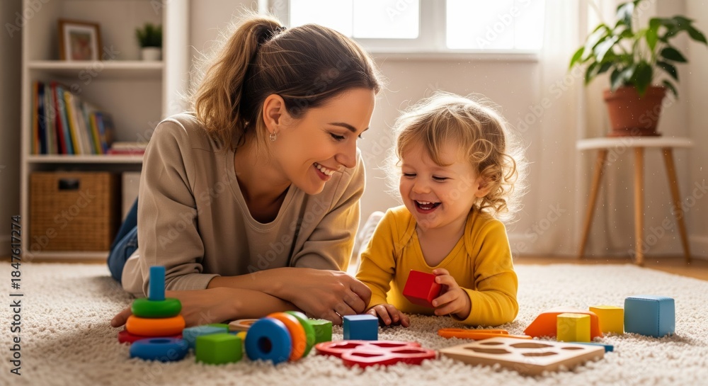 Obraz premium Mother and her cute toddler child playing happily together on a soft rug in a sun-drenched living room.