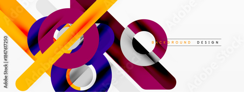 Abstract geometric shapes overlap, creating vibrant color contrasts. Modern design elements suggest dynamic composition.