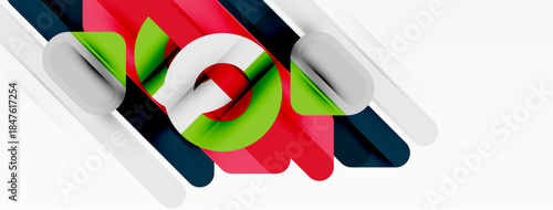 Abstract geometric shapes overlap, creating dynamic composition. Colors include red, green, blue, gray, white. Modern design elements present.