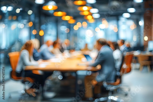 Blur office meeting blurred background with business people working group in boardroom discussion for teamwork brainstorming, executive seminar or professional training in small startup enterprise