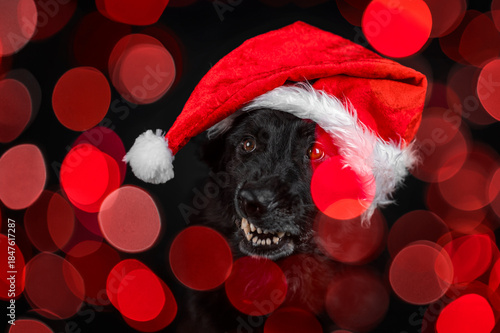 Czarny owczarek niemiecki w czapce Mikołaja, zła mina, światełka, święta, zły Mikołaj
