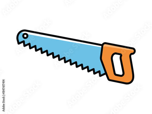 Illustration of a blue and orange hand saw on a white background