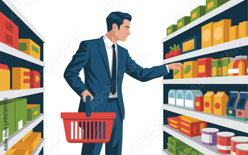 Man in suit shopping in a supermarket aisle with various products on shelves