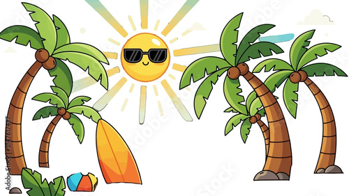 Cartoon Sunny Beach Scene with Palm Trees and Surfboard, Isolated White Background