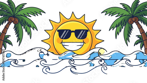Summer Paradise: A vibrant cartoon illustration depicts a sunny day at the beach, featuring a cheerful sun with sunglasses above the waves and palm trees. 