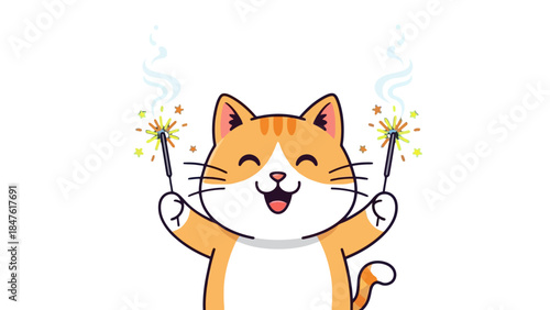 Joyful Kitty Celebration with Sparklers: A cheerful ginger cat radiates delight as it playfully brandishes sparkling wands, capturing a moment of pure joy and amusement.