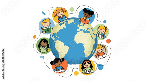 Global Education: A colorful illustration depicts children of diverse backgrounds encircling the globe, each absorbed in a book.
