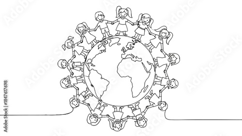Circle of Unity: A hopeful vision of children from diverse backgrounds holding hands in a united circle, embracing the Earth and symbolizing global harmony and cooperation.