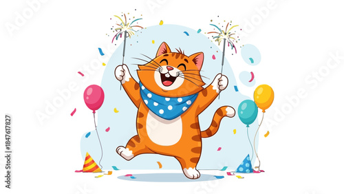 Festive Feline Celebration: A cheerful cartoon cat gleefully holds sparklers, surrounded by colorful balloons and confetti, capturing a moment of pure joy and celebration.